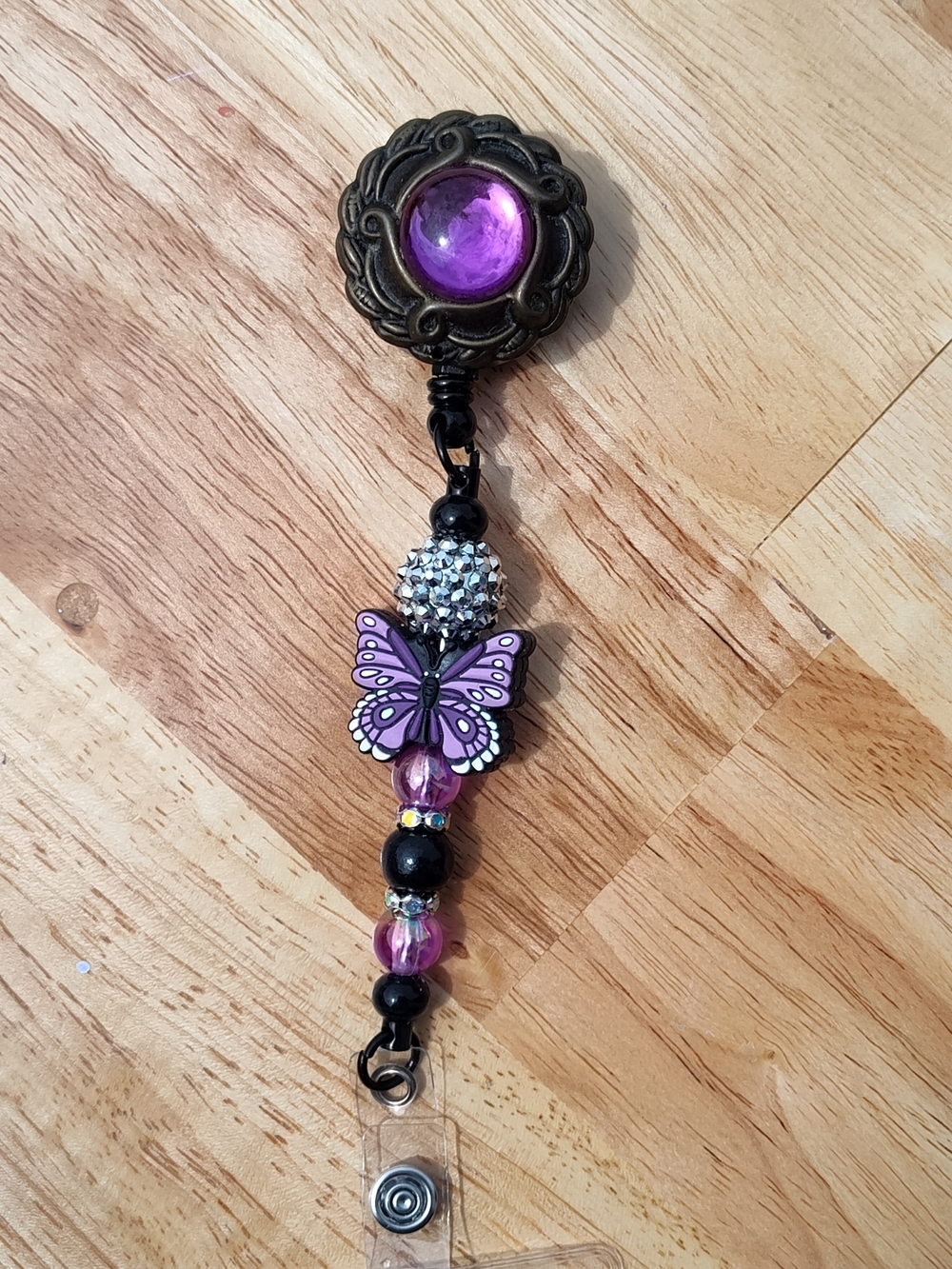 Purple Butterfly Beaded Badge Reel